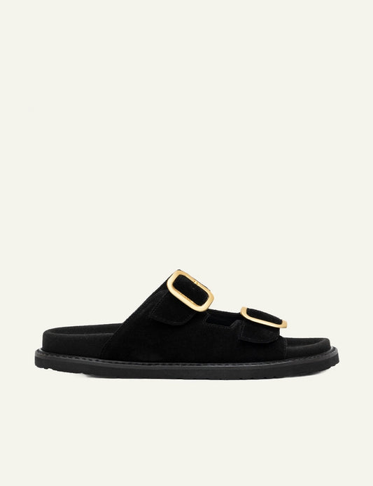 Komis Komis E3 Nero suede sandals black me gold buckles side view