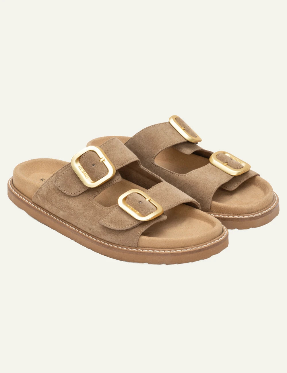 Komis Komis E3 Tabacco suede sandals beige me gold buckles angled view