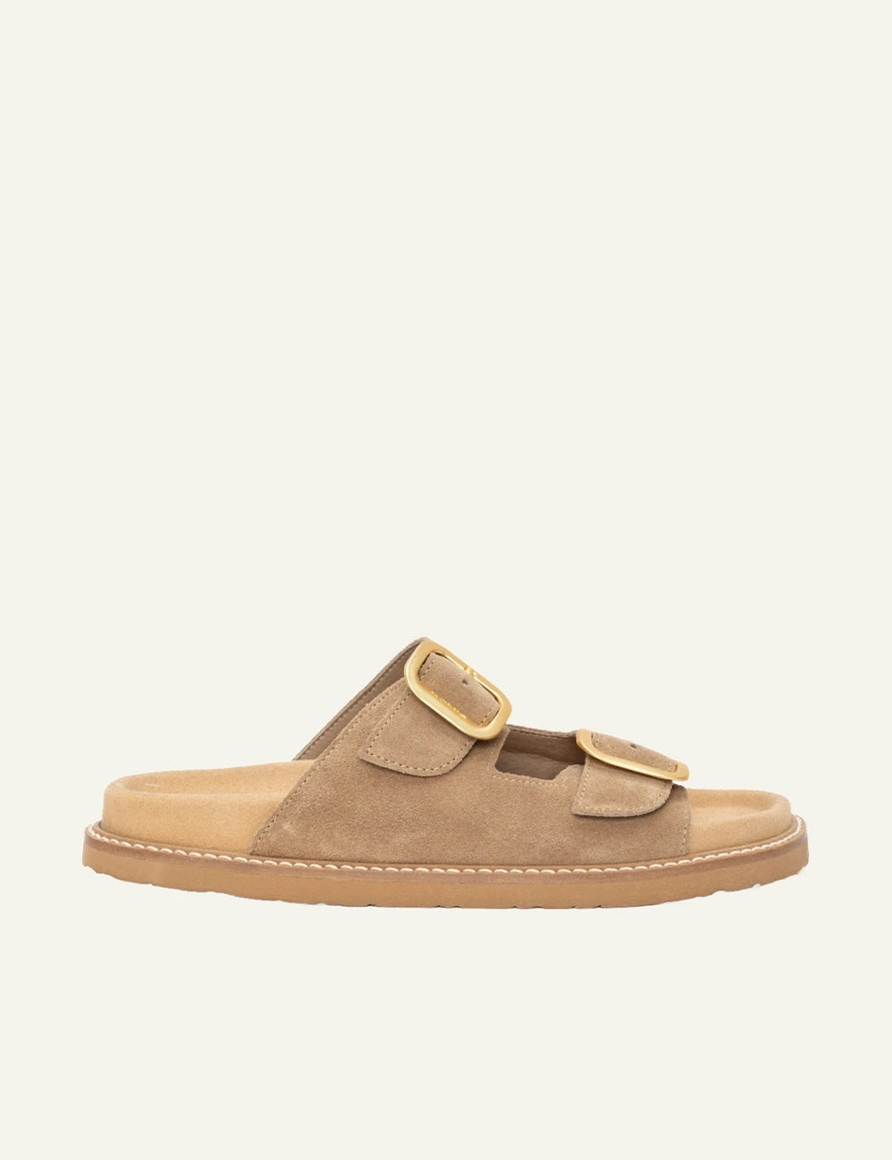 Komis Komis E3 Tabacco suede sandals beige me gold buckles side view