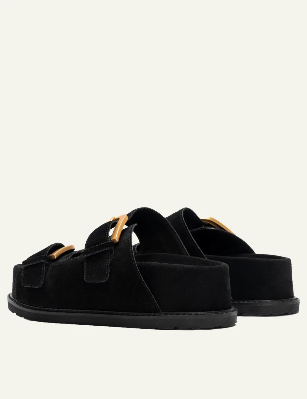 komis komis e603 sandals black suede double buckle gold detail back view