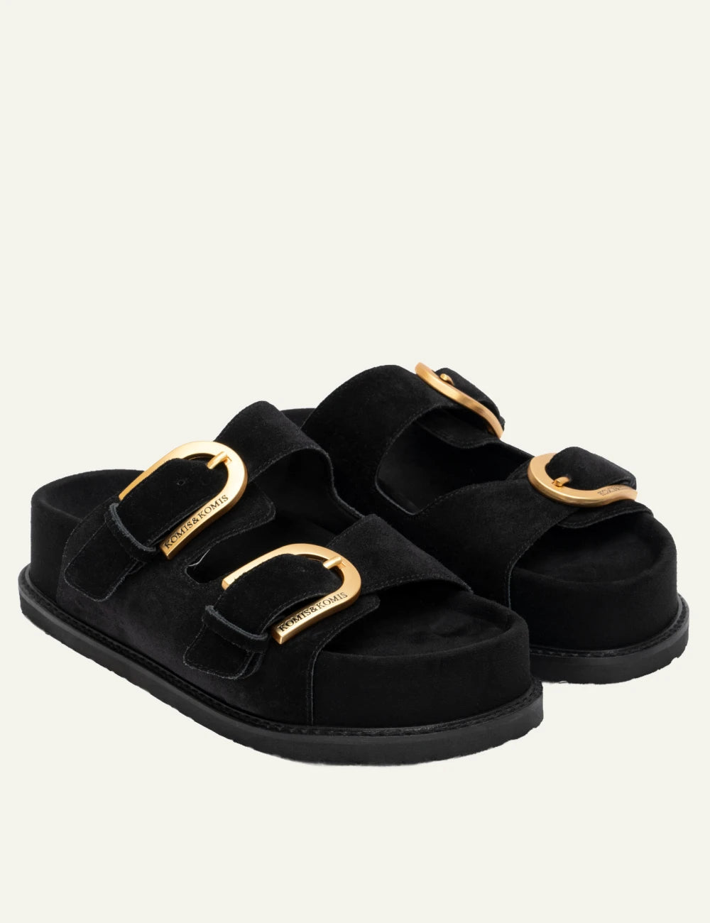 komis komis e603 sandals black suede double buckle gold detail side view