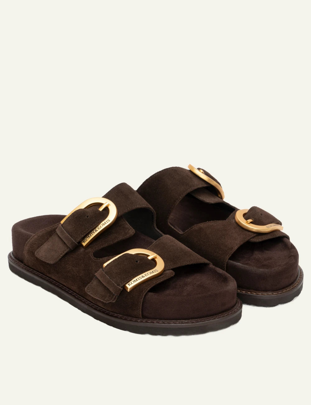 komis komis e603 sandals ebano suede double buckle gold detail angled view