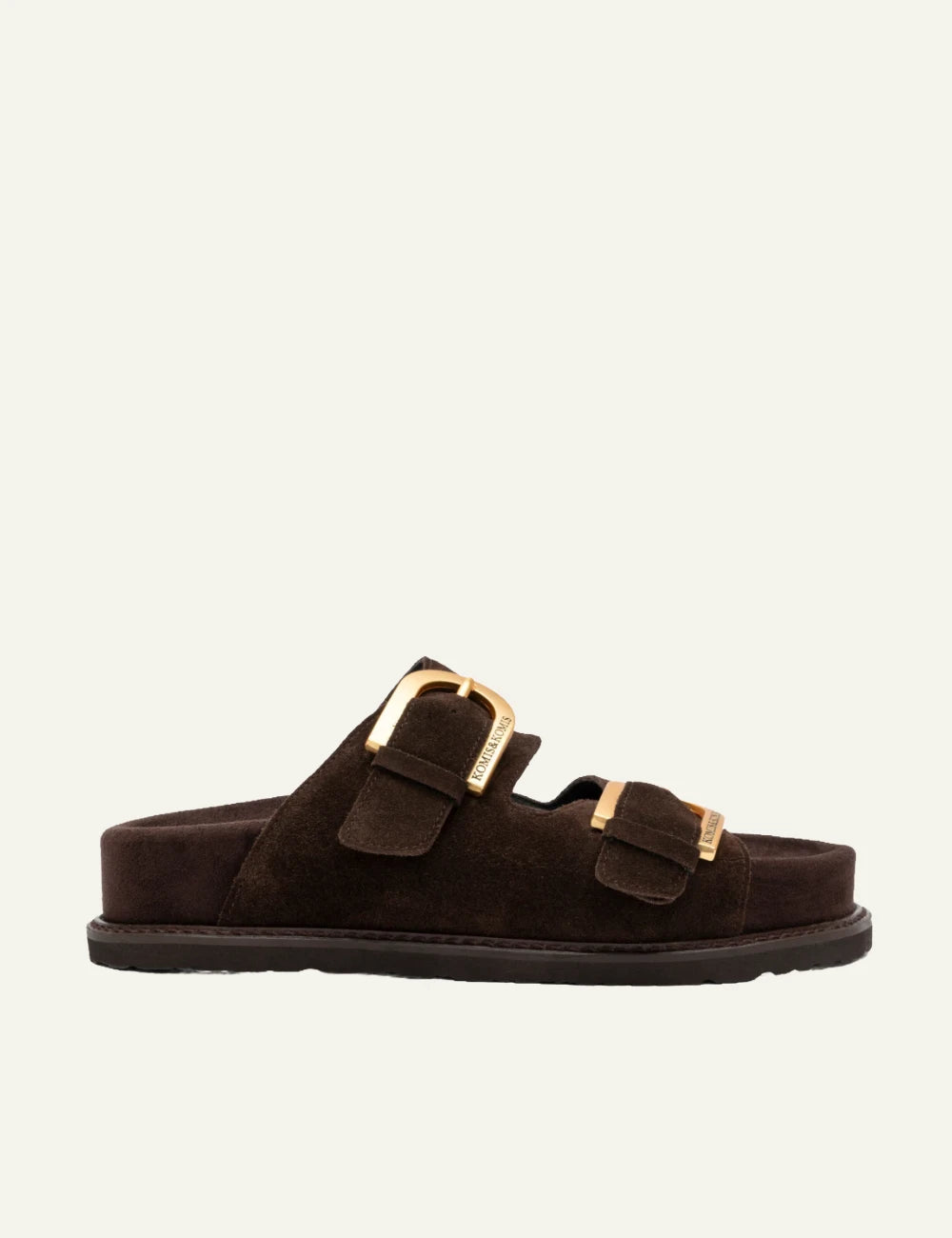 komis komis e603 sandals ebano suede double buckle gold detail side view