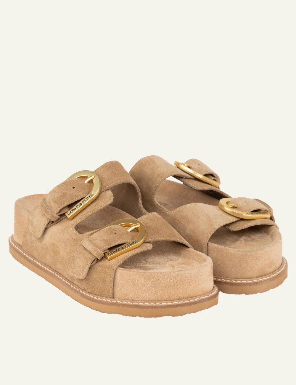 komis komis e603 sandals tabacco suede double buckle gold detail angled view