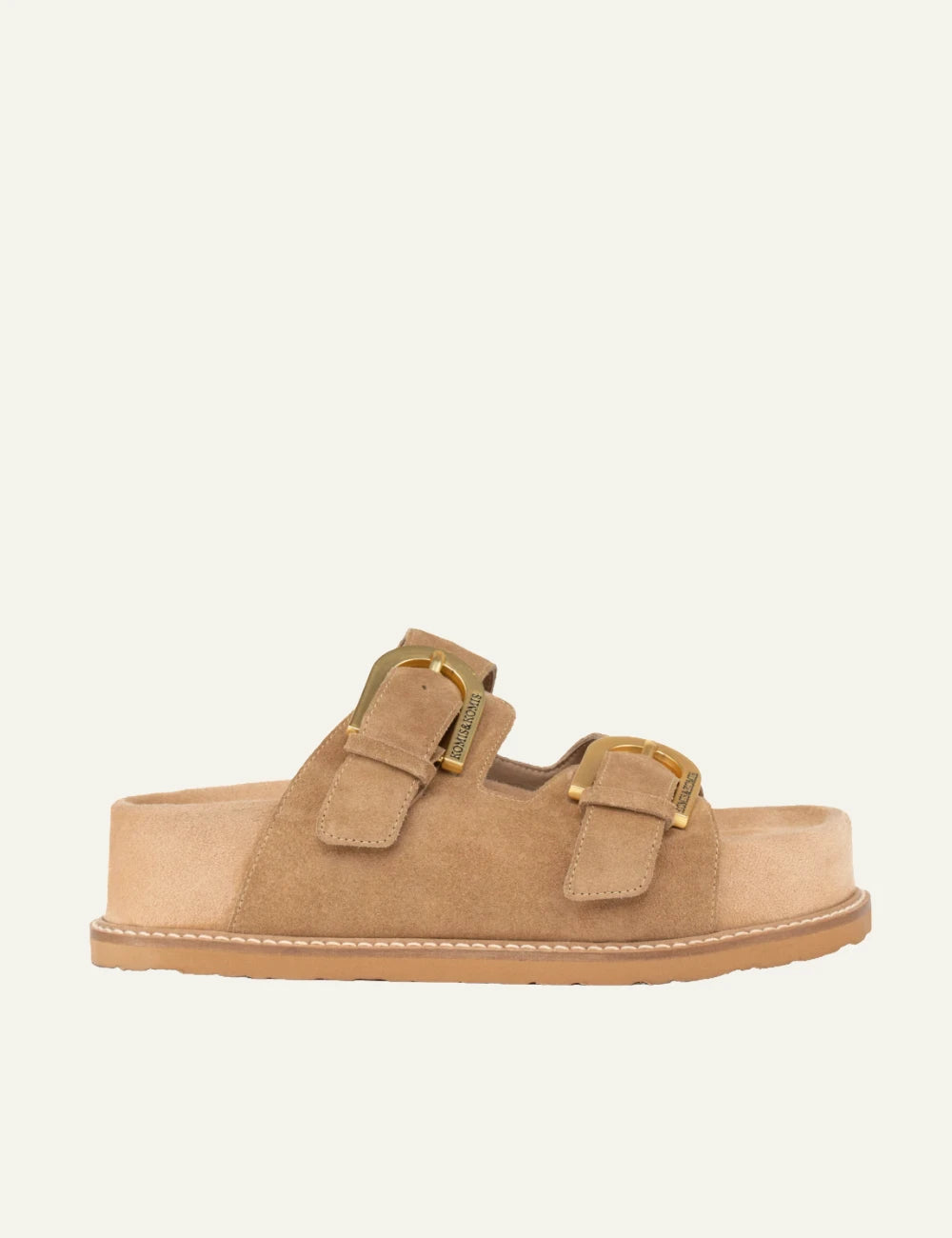 komis komis e603 sandals tabacco suede double buckle gold detail side view