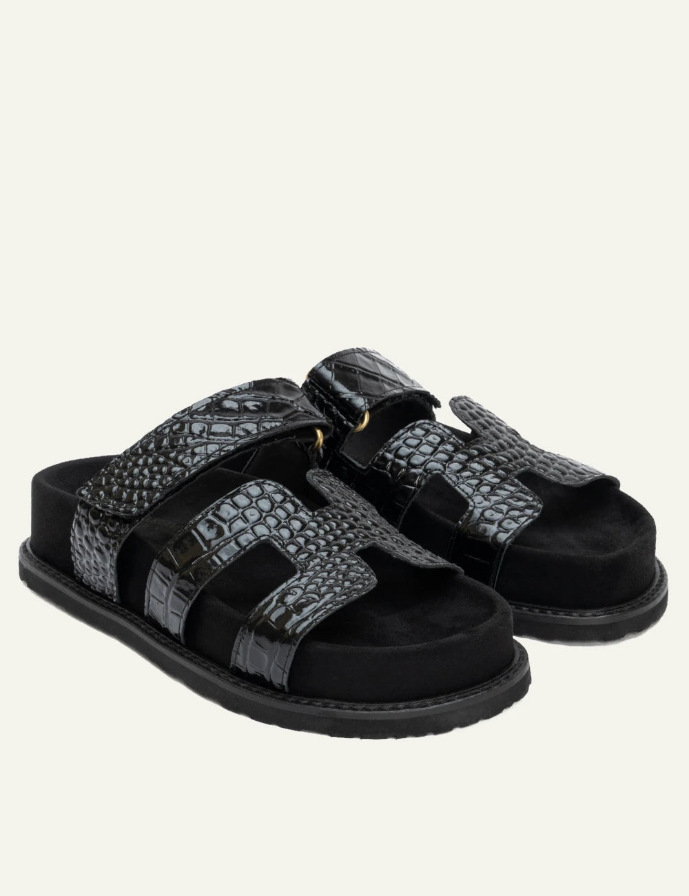 komis komis e606 sandals black croco texture double strap velcro angled view