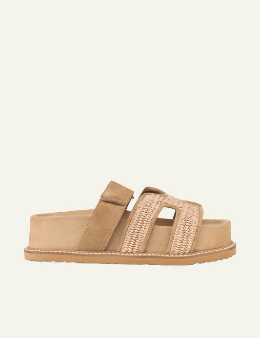 Komis Komis E606 Tabacco platform sandals beige me raffia suede straps side view