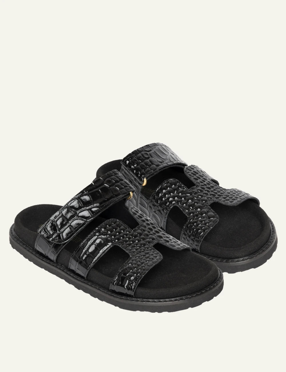 komis komis e6 sandals black croco texture double strap velcro angled view