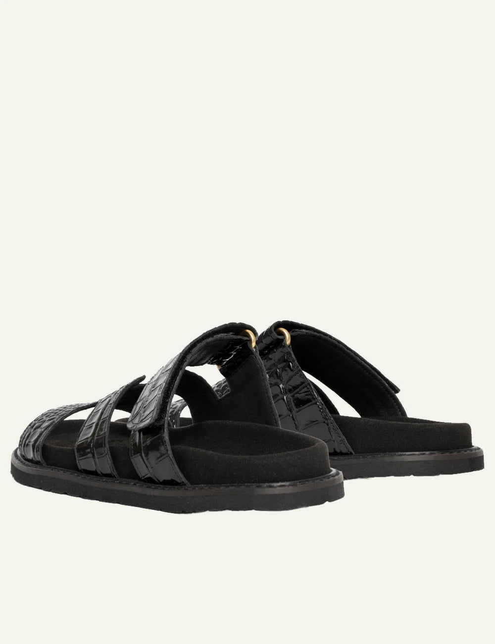 komis komis e6 sandals black croco texture double strap velcro back view