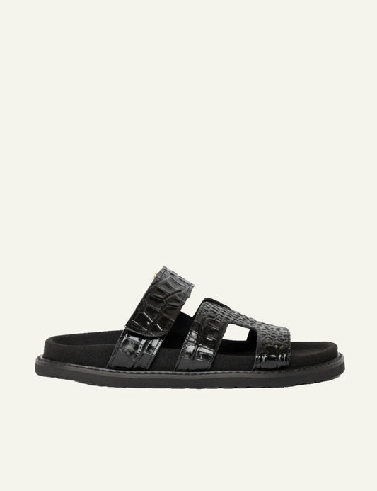 komis komis e6 sandals black croco texture double strap velcro side view