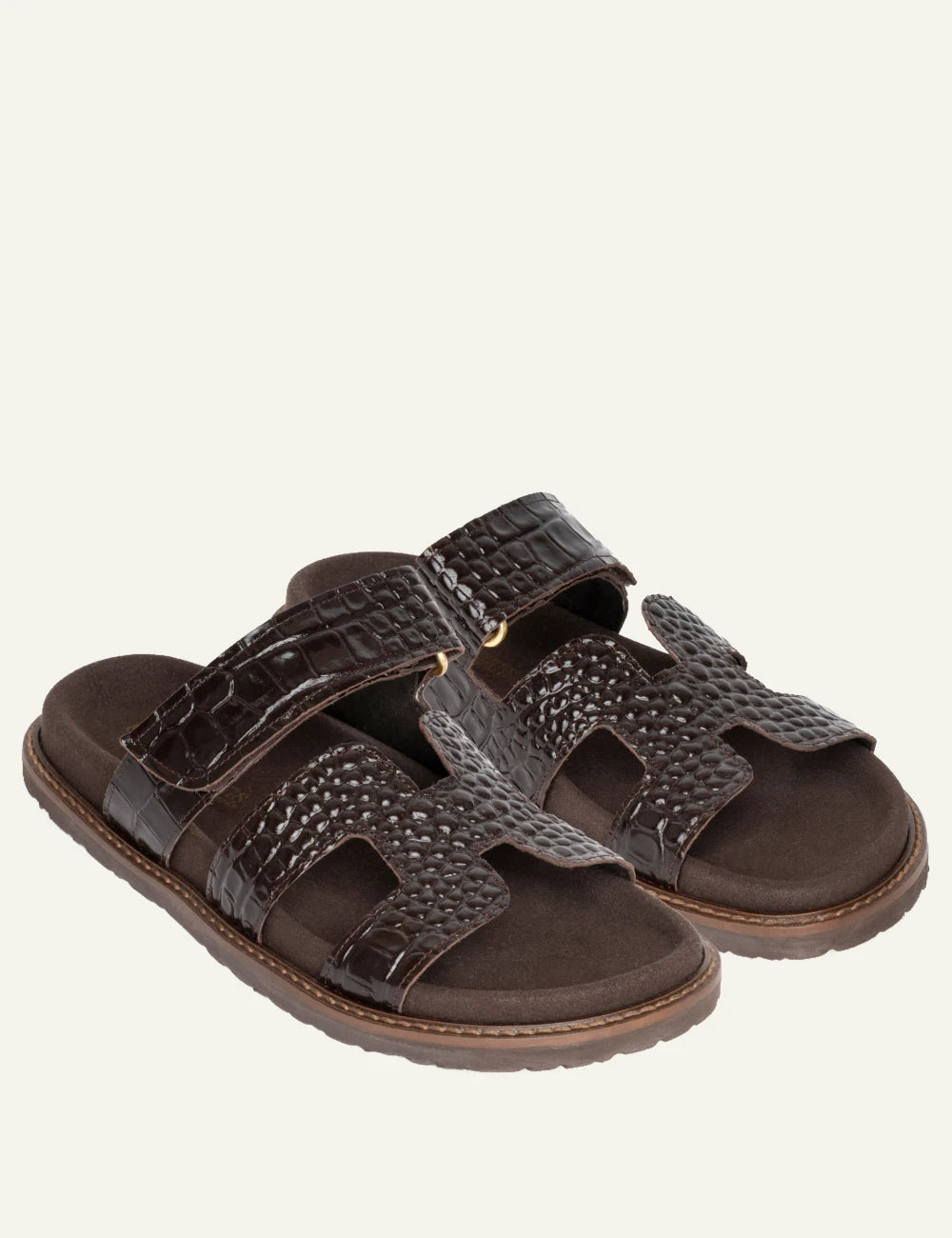 komis komis e6 sandals brown croco texture double strap velcro angled view