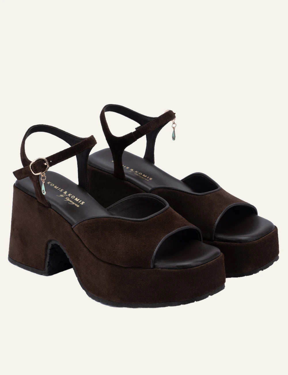 komis komis e804 platform sandals ebano suede ankle strap charm angled view