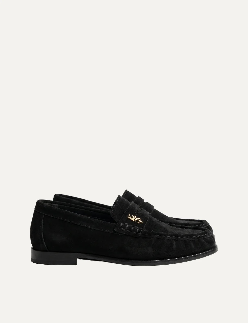 Komis &amp; Komis women's black suede loafers with gold logo, side view