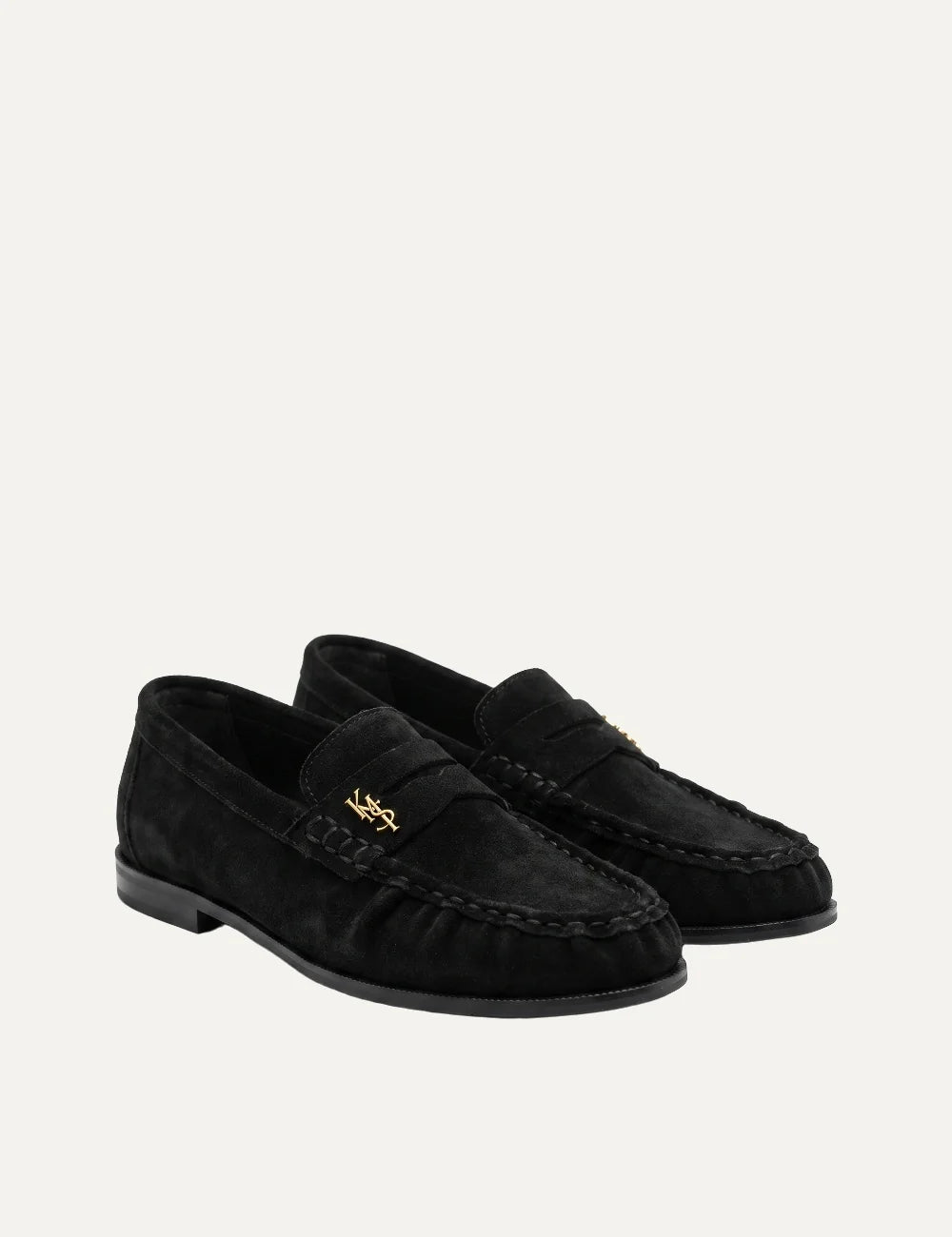 Komis &amp; Komis women's black suede loafers with gold logo, pair front angle