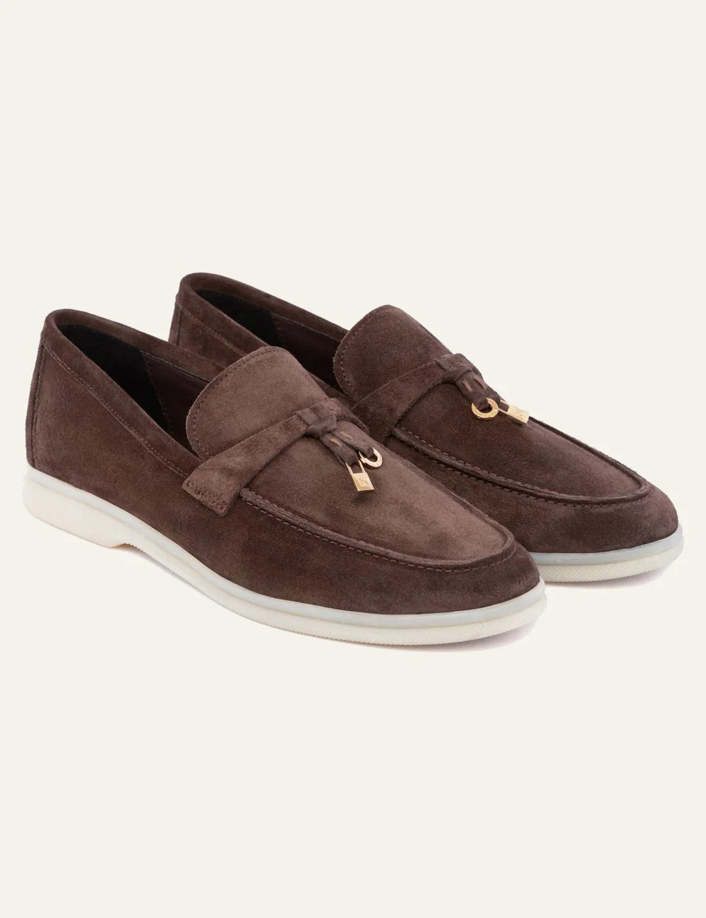 Komis & Komis suede loafers ebano me gold detail white rubber angled view