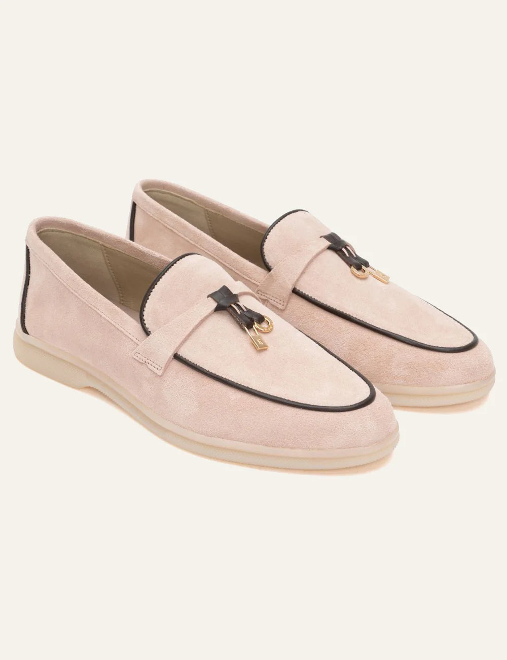 Komis & Komis suede loafers memory me gold detail white rubber angled view