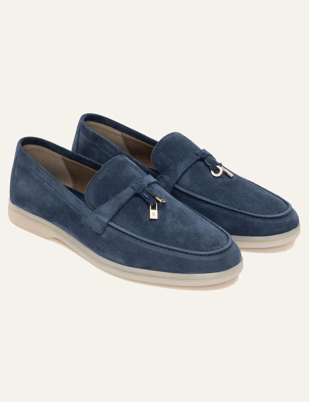 Komis&Komis suede loafers oltremare me gold detail white rubber angled view