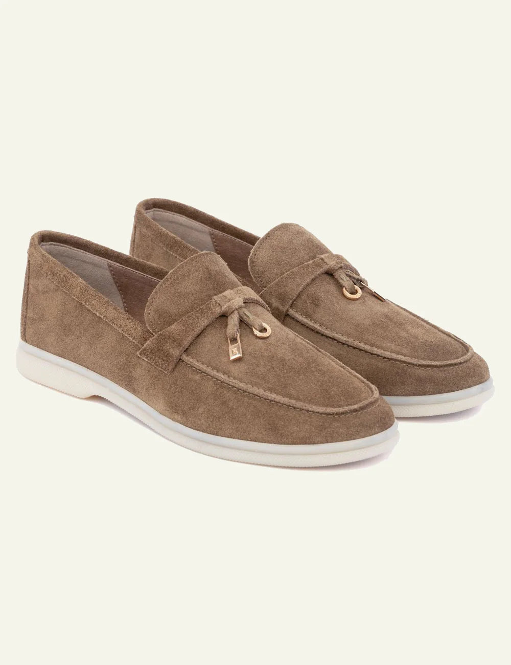Komis & Komis suede loafers taupe me gold detail white rubber angled view