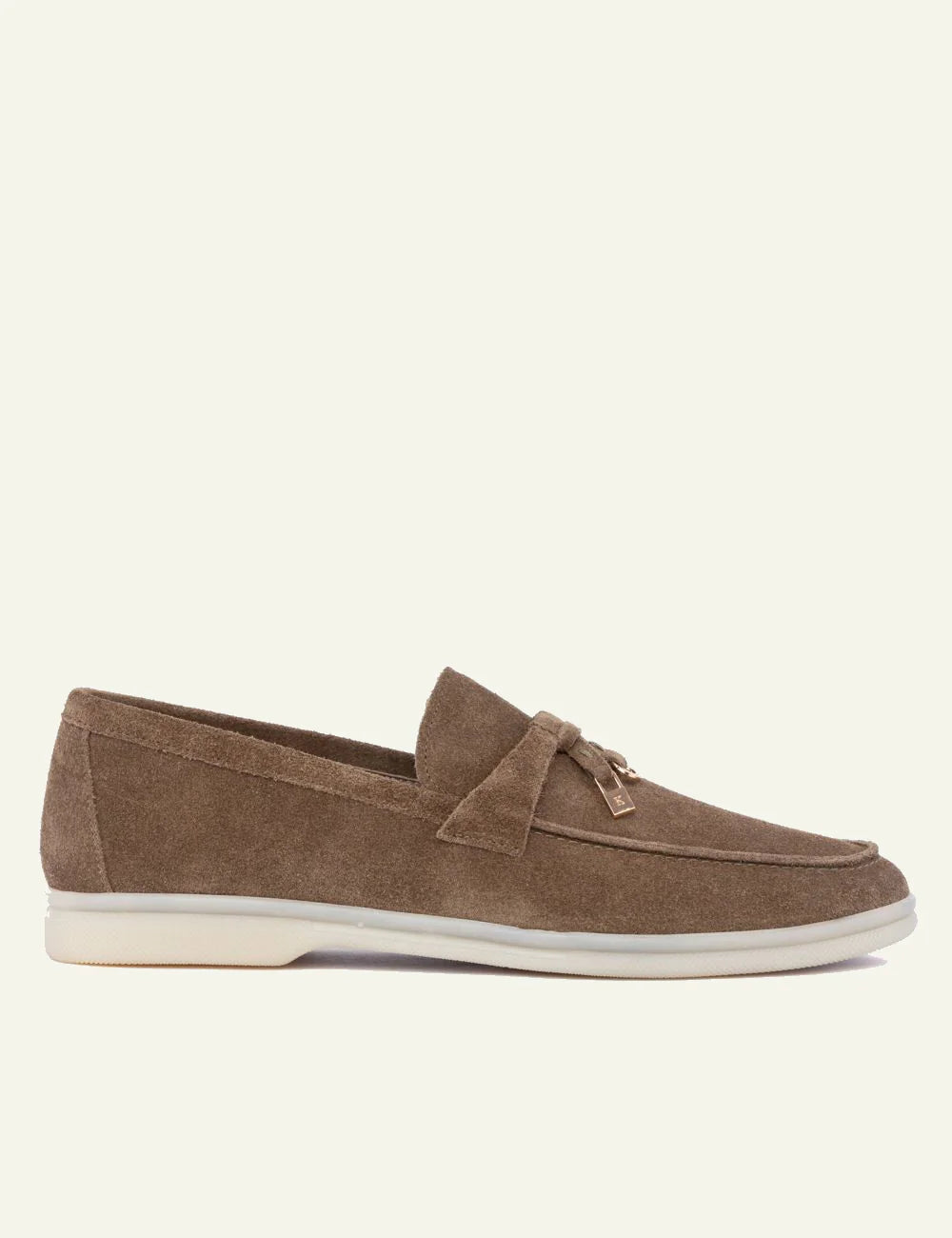Komis & Komis suede loafers taupe me gold detail white rubber side view
