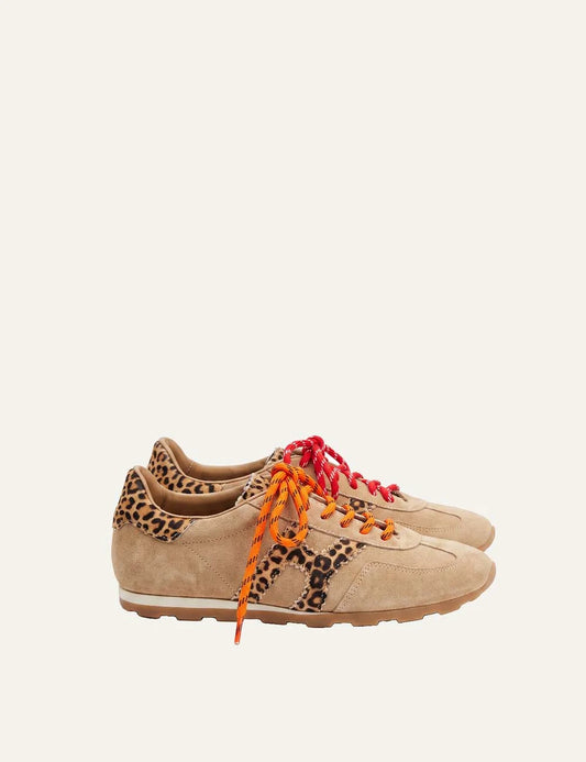 Komis &amp; Komis women's beige suede sneakers with leopard print and colorful laces.