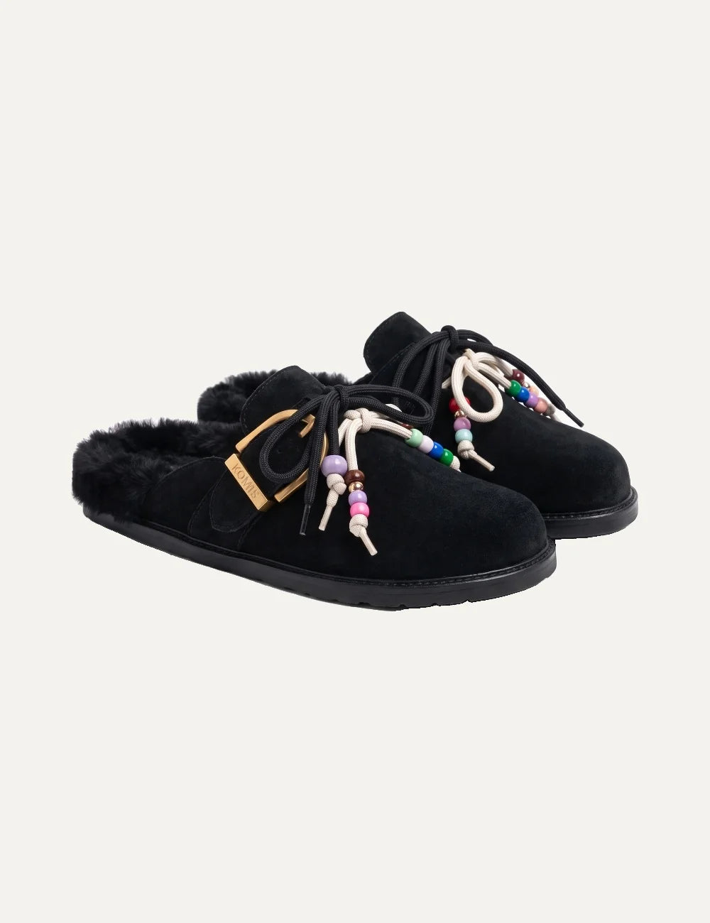Komis &amp; Komis women's black suede fur-lined clogs with gold buckle angled
