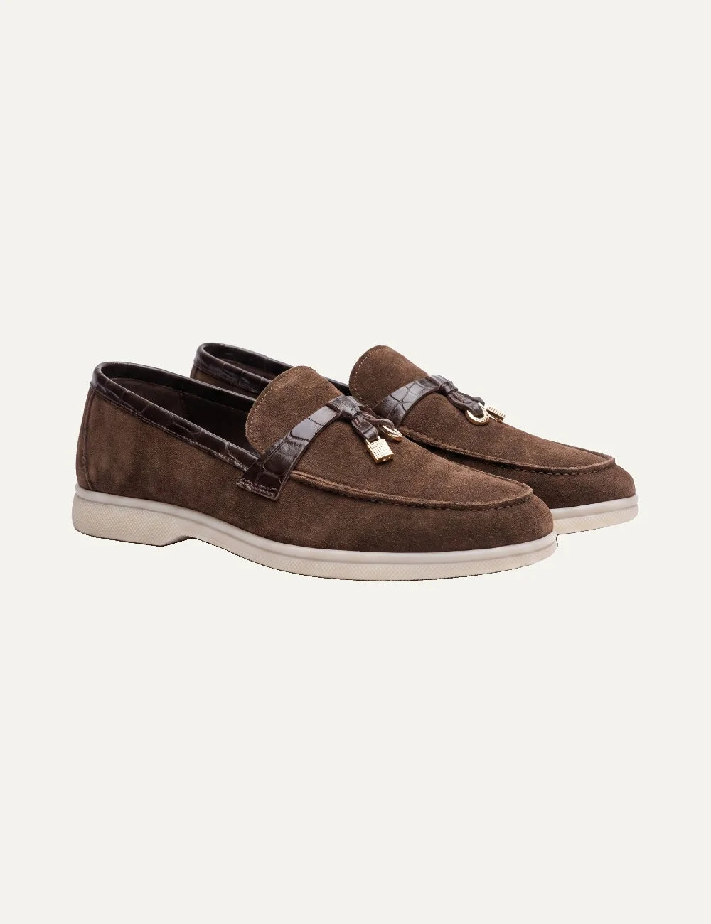 Komis &amp; Komis women's brown suede loafers with gold padlock detail angled