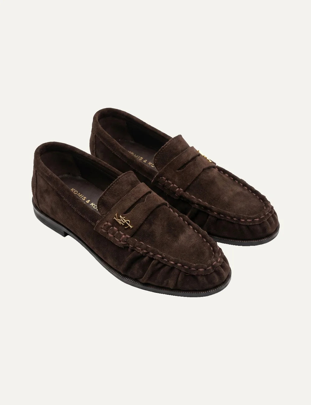 Komis &amp; Komis women's dark brown suede loafers with gold logo angled