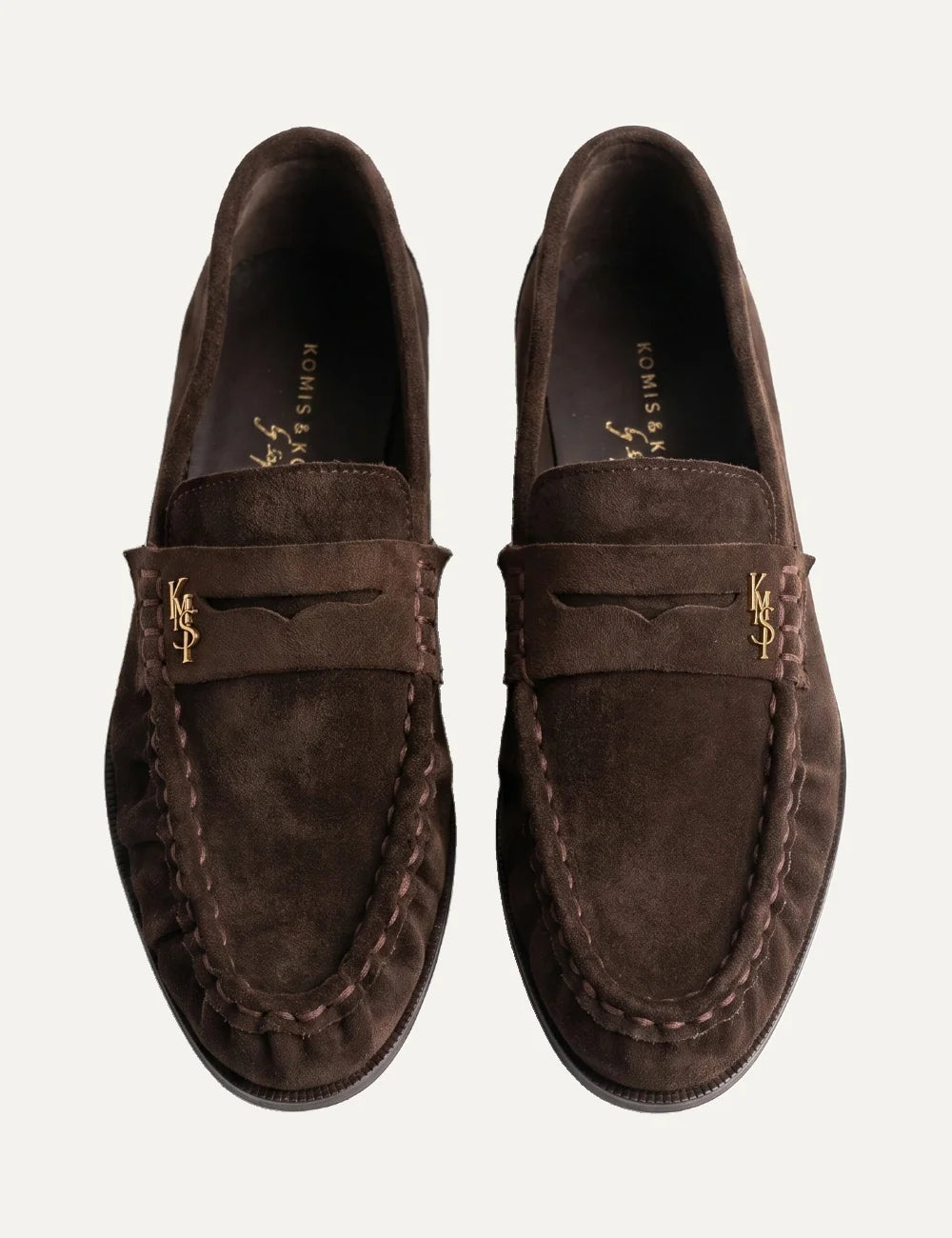Komis &amp; Komis women's dark brown suede loafers with gold logo top