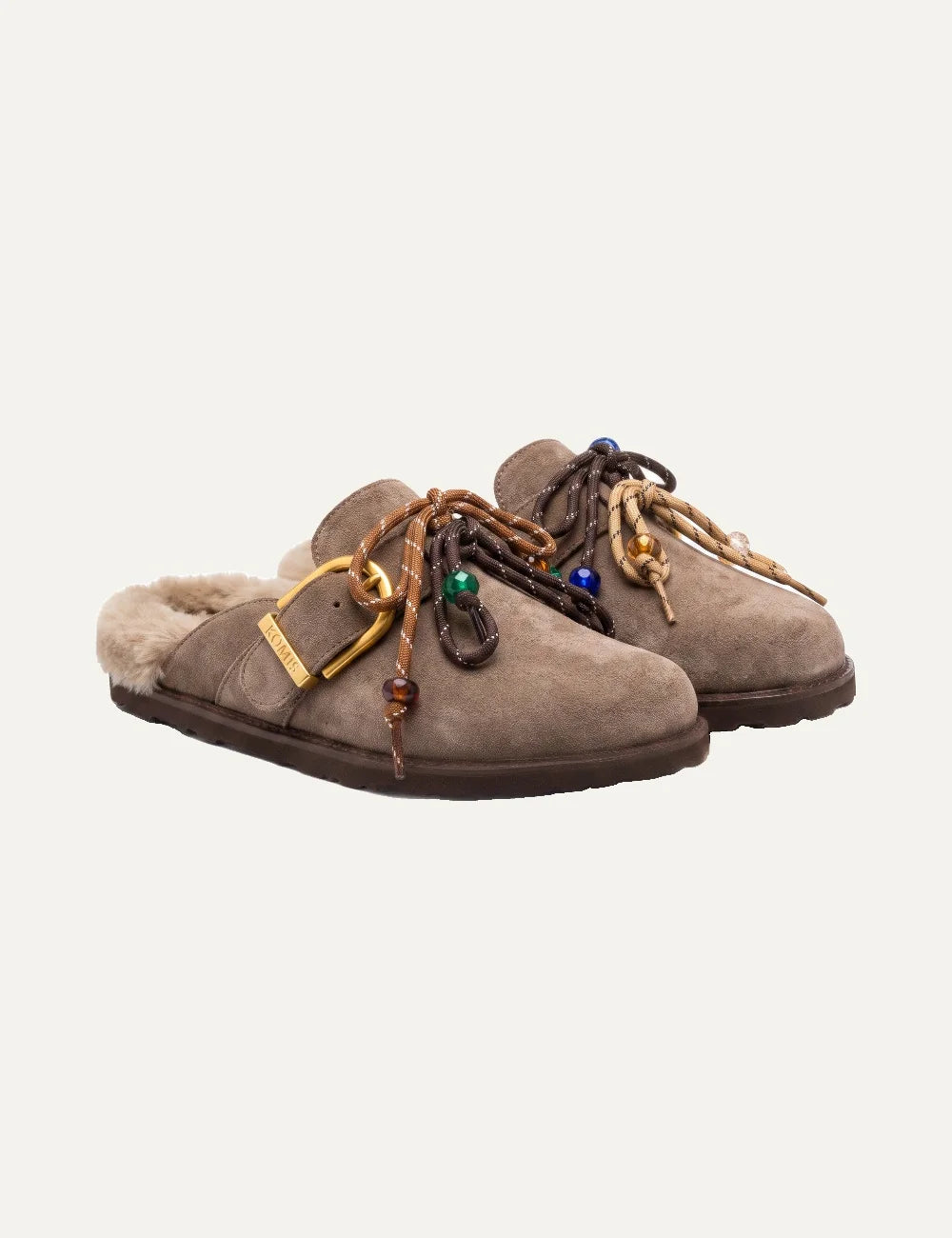 Komis &amp; Komis women's taupe suede fur-lined mules with gold buckle angled