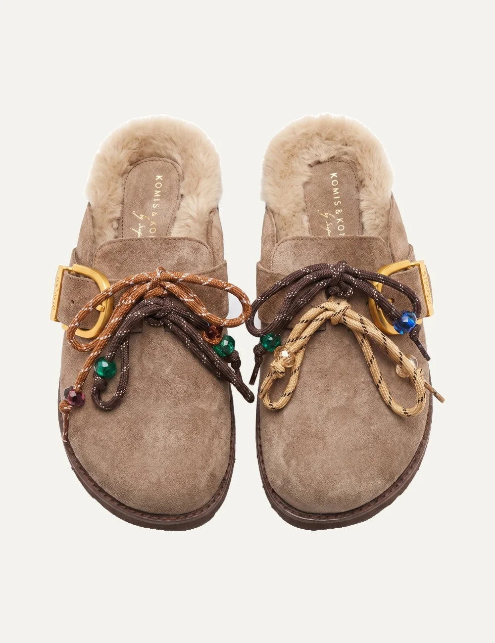 Komis &amp; Komis women's taupe suede fur-lined mules with gold buckle top