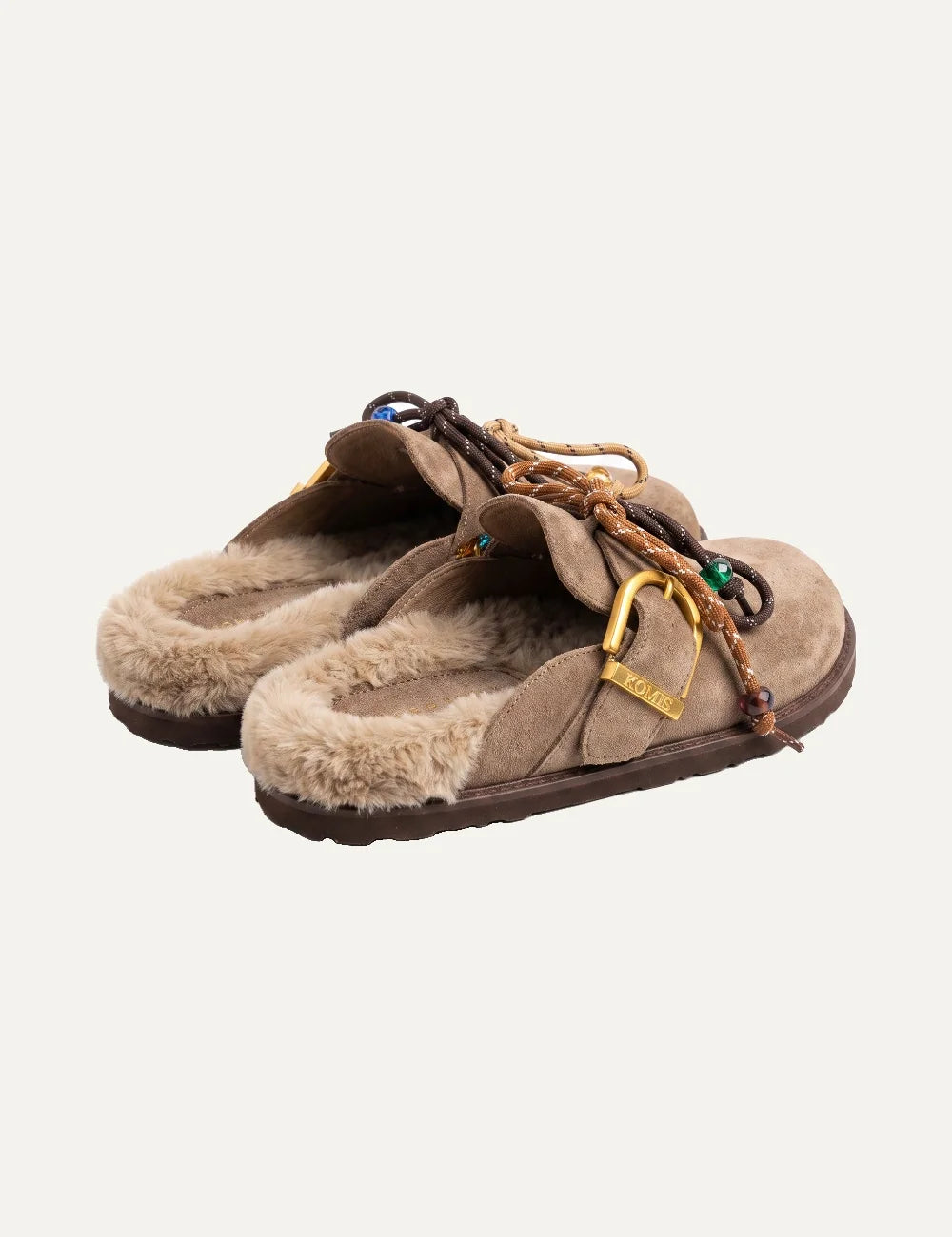 Komis &amp; Komis women's taupe suede fur-lined mules with gold buckle back