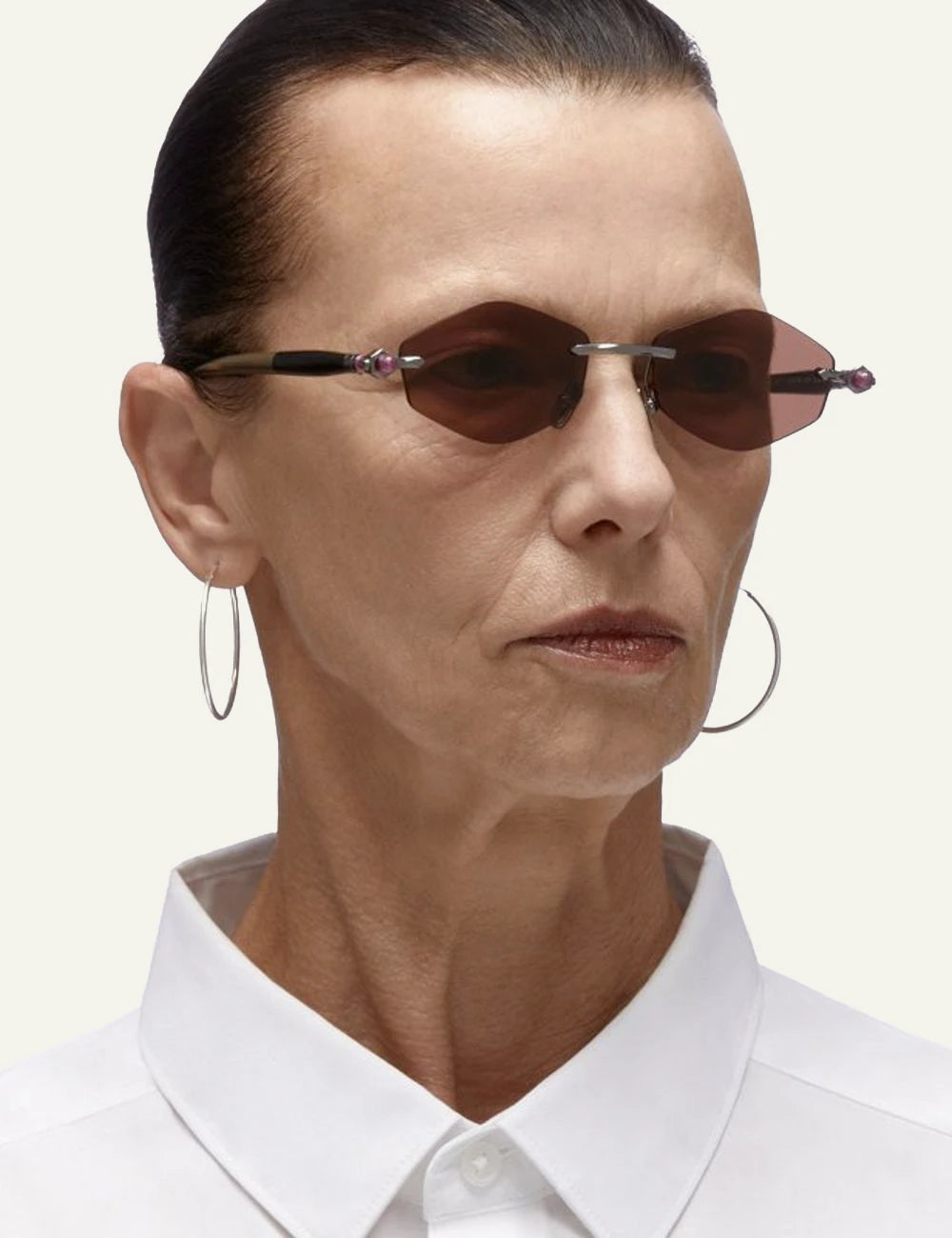 Kuboraum P60 gunmetal rimless sunglasses brown lenses geometric front model view