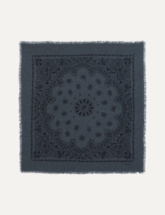 Kujten anthracite and black cashmere scarf with two-tone bandana print and fringed edges