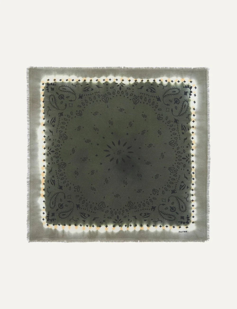 Kujten Grand Bandana Hachiko Abba dark khaki cashmere scarf with bandana print and tie-dye effect