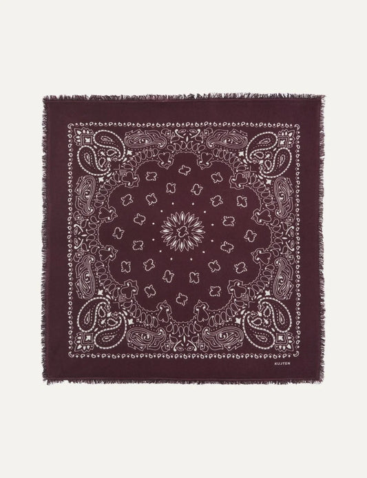 Kujten Grand Bandana Hachiko Bordeaux cashmere scarf with contrasting bandana print and fringed edges