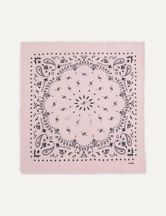 Kujten Grand Bandana Hachiko Milano Blush pink cashmere scarf with black bandana print and fringed edges