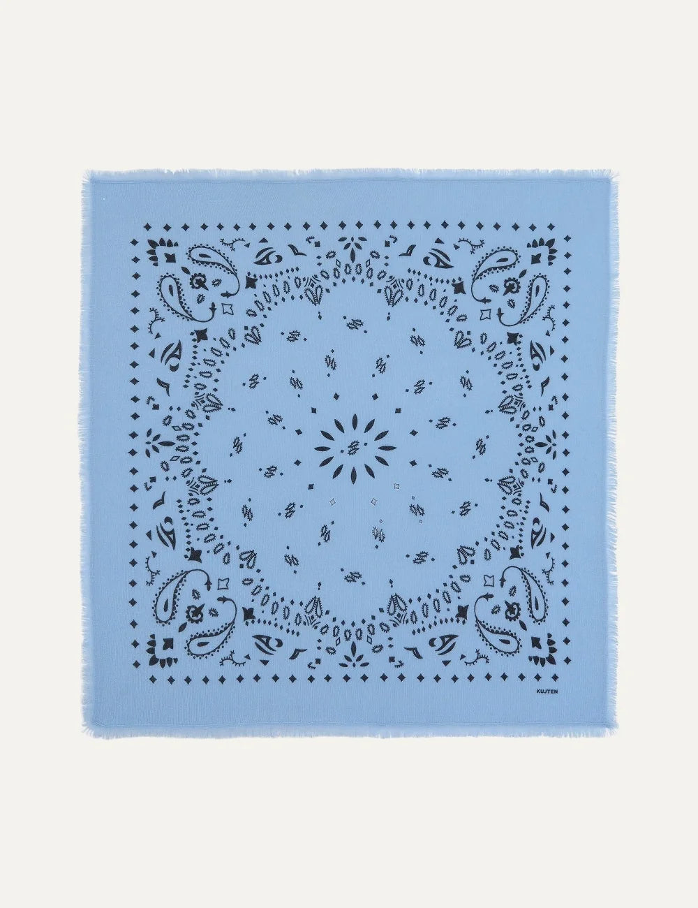 Kujten Grand Bandana Hachiko Celestial blue cashmere scarf with black bandana print and fringed edges