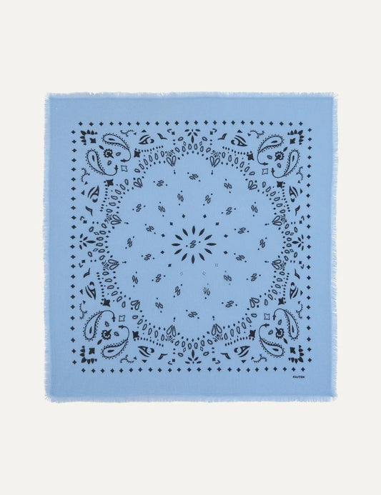 Kujten Grand Bandana Hachiko Celestial blue cashmere scarf with black bandana print and fringed edges