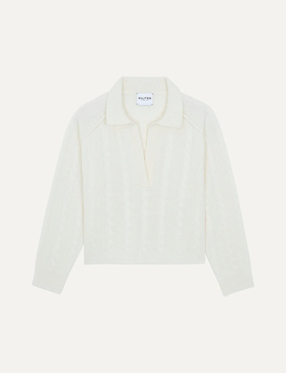Kujten women Aenora Cable white cashmere polo neck sweater with cable knit and oversized fit