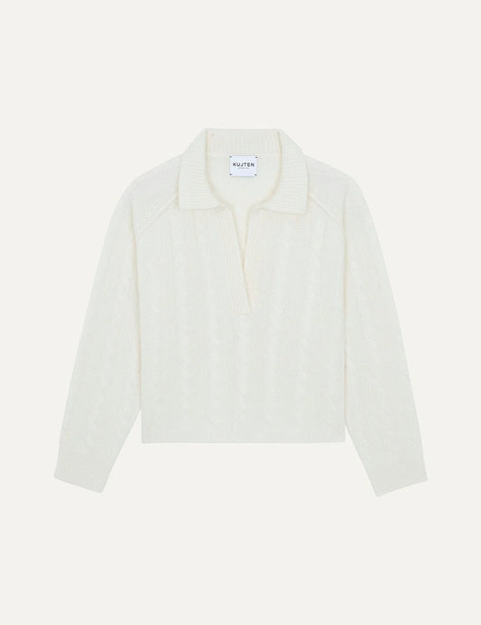 Kujten women Aenora Cable white cashmere polo neck sweater with cable knit and oversized fit