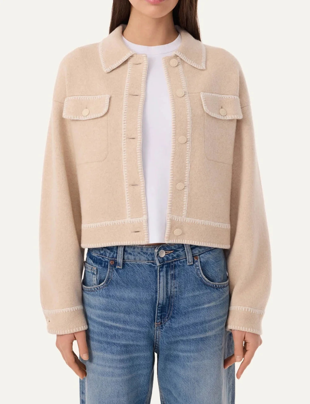 Kujten women Area Organic beige cashmere knit jacket with white contrast stitching and shirt collar