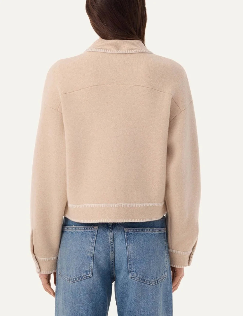 Kujten women Area Organic beige cashmere knit jacket with white contrast stitching and shirt collar back