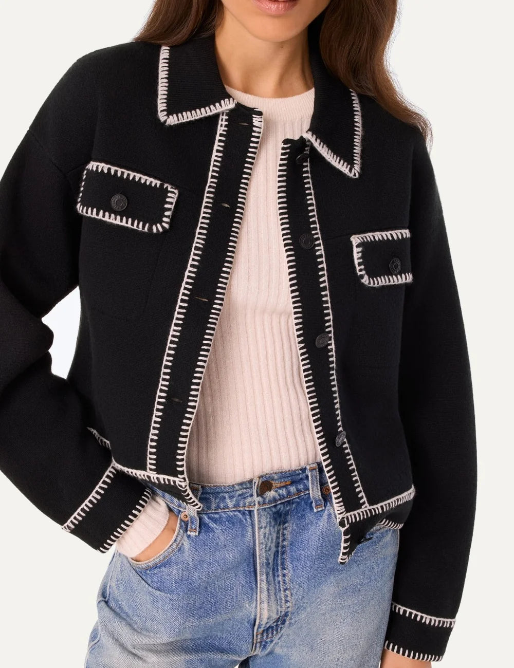 Kujten women Area black cashmere knit jacket with white contrast stitching and shirt collar