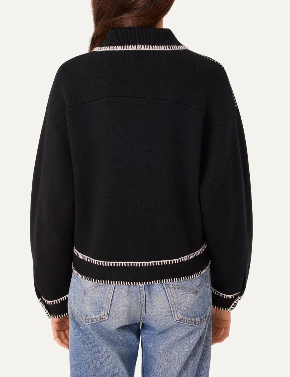 Kujten women Area black cashmere knit jacket with white contrast stitching and shirt collar back