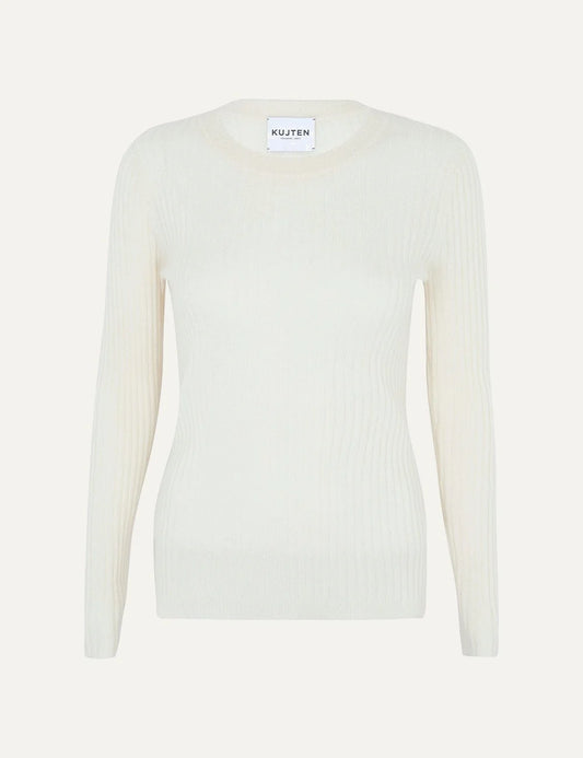 Kujten women Bibi white cashmere ribbed crew neck sweater with long sleeves
