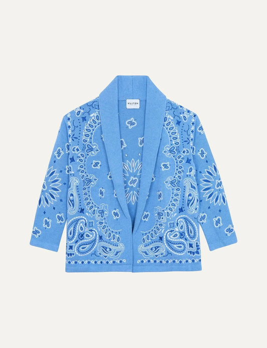 Kujten women Cody Bandana Bico Bleu Ciel cashmere cardigan with embroidered bandana pattern