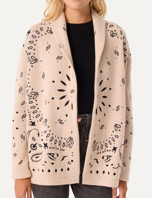 Kujten women Cody Bandana Organic beige cashmere cardigan with black bandana intarsia pattern and shawl collar