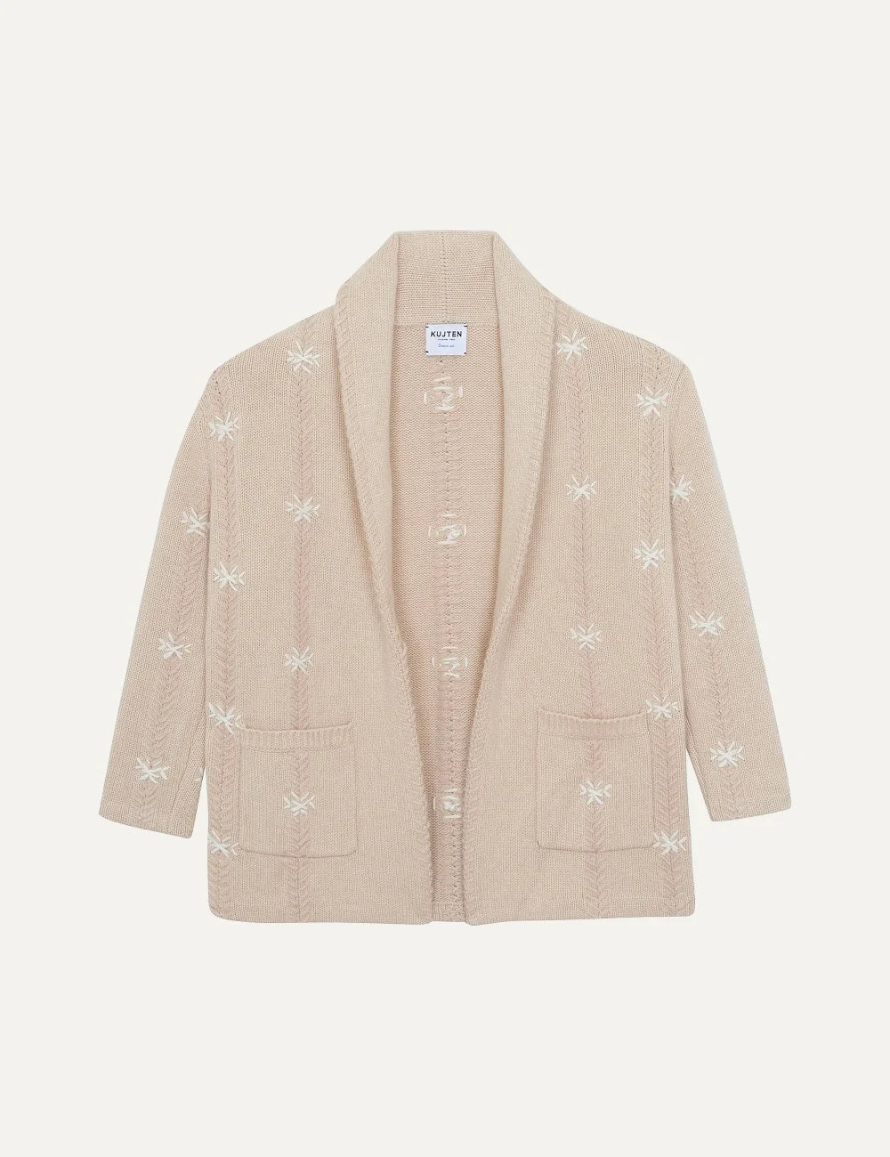 Kujten women Cody Flake Organic beige cashmere cardigan with hand-embroidered snowflakes and shawl collar