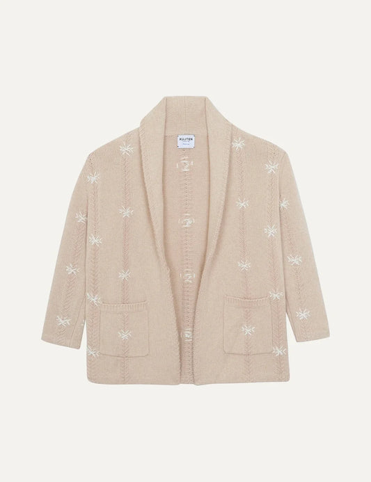 Kujten women Cody Flake Organic beige cashmere cardigan with hand-embroidered snowflakes and shawl collar
