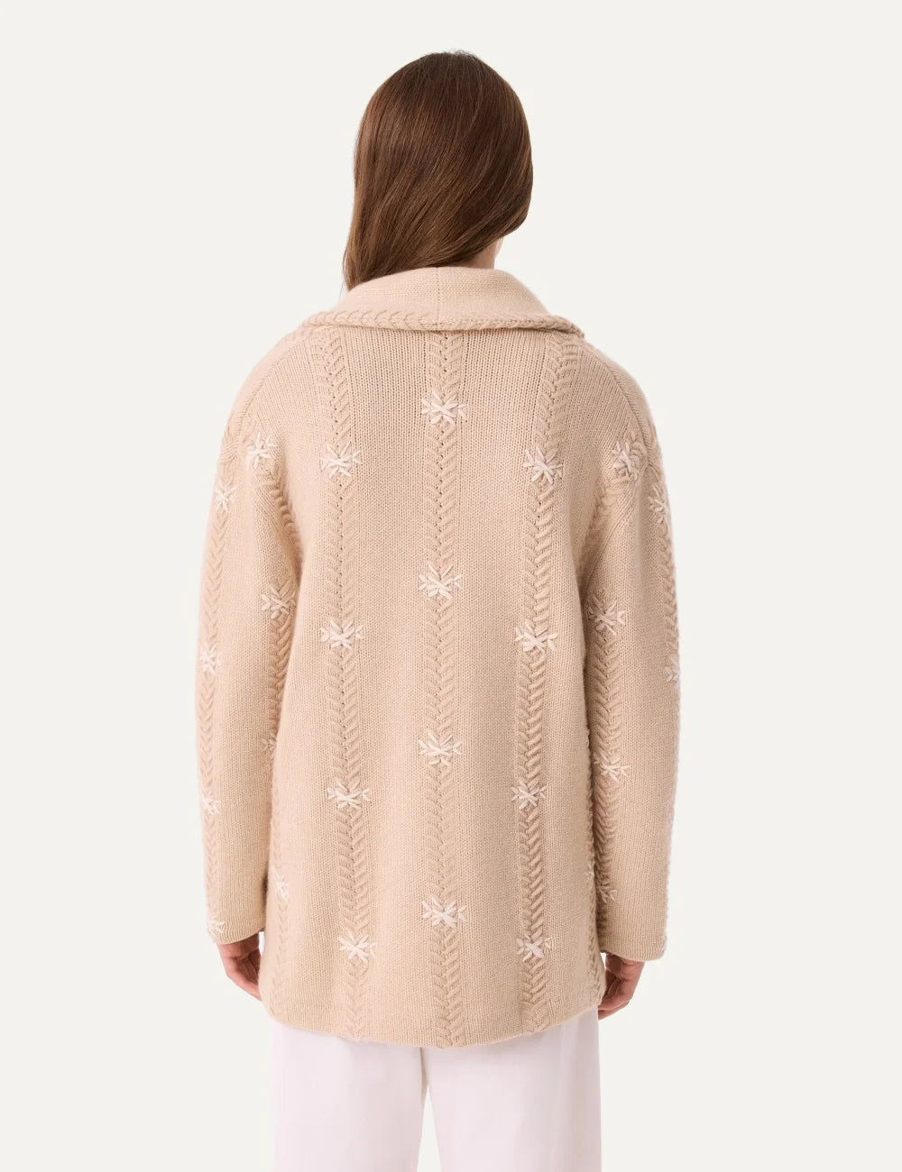 Kujten women Cody Flake Organic beige cashmere cardigan with hand-embroidered snowflakes and shawl collar back